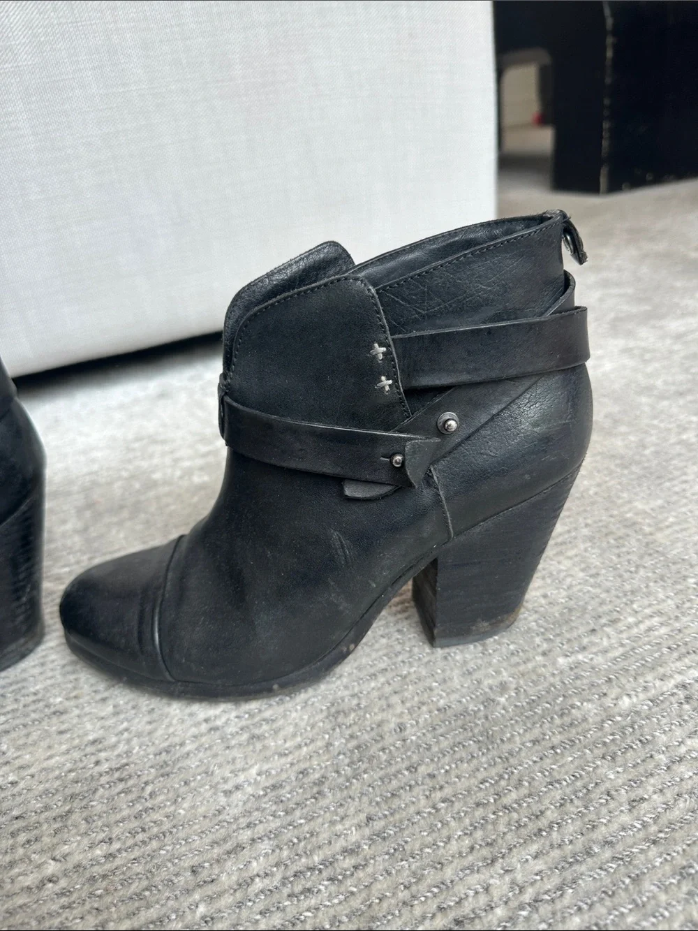 rag & bone Black Leather Ankle Boots with Strap Detail